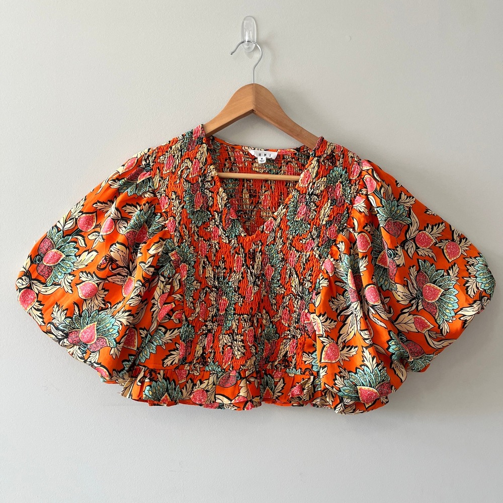 THML Smocked Puff Sleeve Crop Top Boho Floral Orange Medium V-Neck Smocking